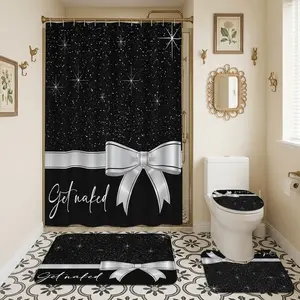 4pcs Black Silver Glitter Bow Shower Curtain Set – Soft Thick Fabric with Sparkling Stars & Elegant Ribbon, Valentine’s Day Inspired Bathroom Decor, Extra Plush Bath Mats for Luxurious Comfort, Bathroom Decoration Accessories, Bathroom Accessory