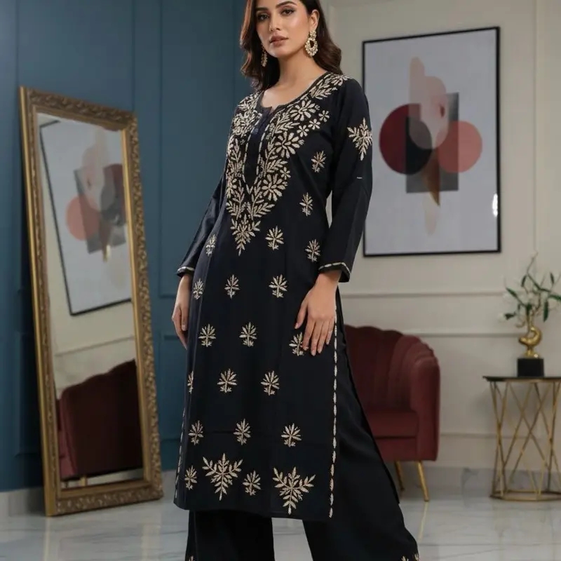 Chikankari Black and Brown Straight Fit Embroidered Kurti with Palazzo for Women Casual Wear 2pcs Set Womenswear Dress