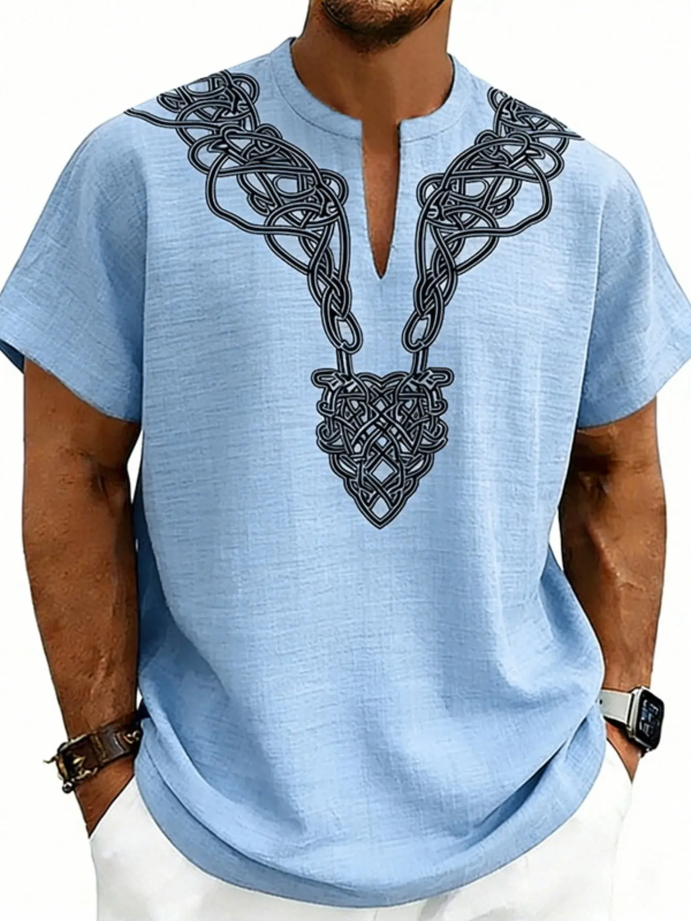 Men's Boho Print Blended T-Shirt for Daliy Wear, Beach Vacation Wear Vintage Celtic Knot Tribal Print, V-Neck Henley Short Sleeve, Loose Lightweight Summer Casual Wear, Beach Vacation, Casual Summer Clothing