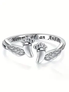 Mother's Day Gift Letter & Wing Design Cuff Ring, Commemorative Ring, Fashionable Jewelry for Women, Elegant All-match Fashion Accessories for Daily Wear