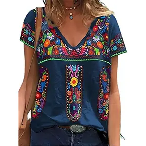 Mexican Shirts for Women V Neck Floral Print Boho Short Sleeve Casual Embroidered Tops