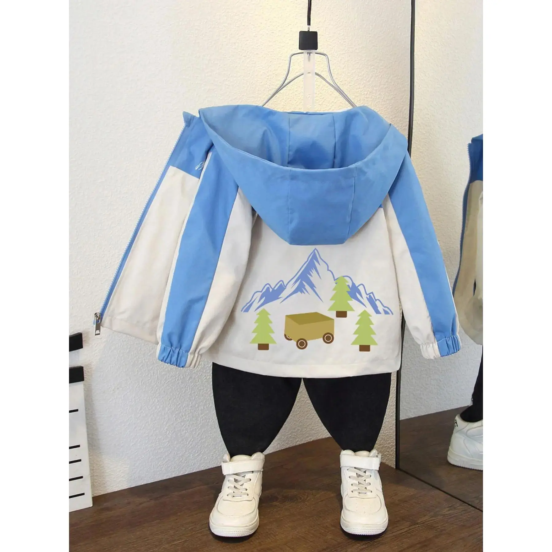 (New) Boys' Cartoon Print Hooded Jacket - Character-Themed Casual Thin Windproof Waterproof Long-Sleeve Outerwear for Spring & Fall Daily Wear, Cartoon Boys' Jackets for Kids, Character-Themed Boys' Jackets