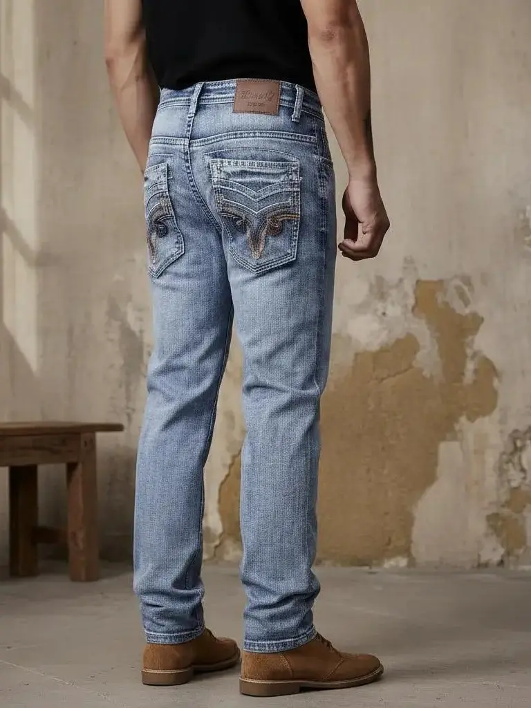 Men's Bootcut Cowboy Jeans - Menswear, Comfort Flex Waist, Stretch Denim, Unique Design, Classic Fit, Casual Summer Streetwear