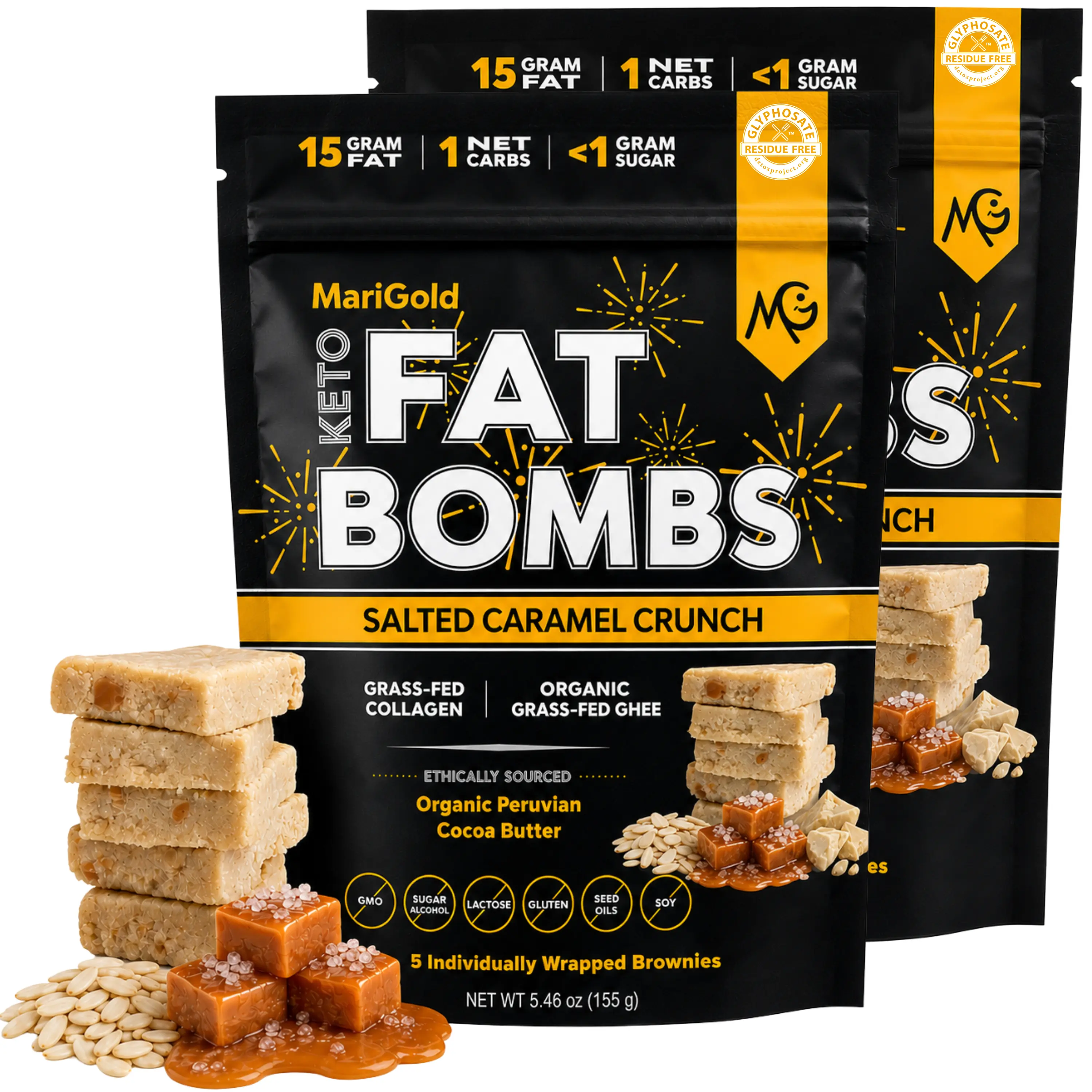 MariGold Keto Fat Bombs, Salted Caramel Crunch, 2-Pack (10 Bars) – Low Carb, Low Sugar, Collagen-Rich, Organic Cocoa Butter, Grass-Fed Ghee, Non-GMO Protein Snacks
