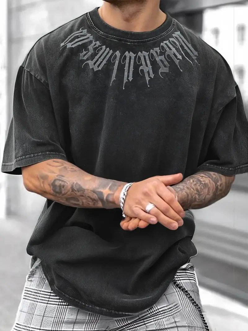 Men's Casual Sporty Short Sleeve Shirt, Gothic Letter Print, Comfortable Round Neck Tee for Outdoor Gym Streetwear Athletic T Shirt