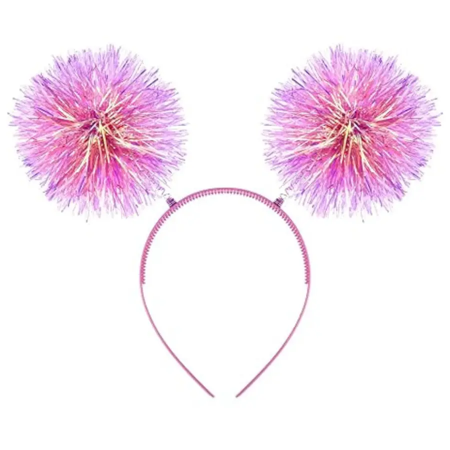 Pink Glitter Foil Pom Pom Headband for Women Party Cosplay Hair Accessory