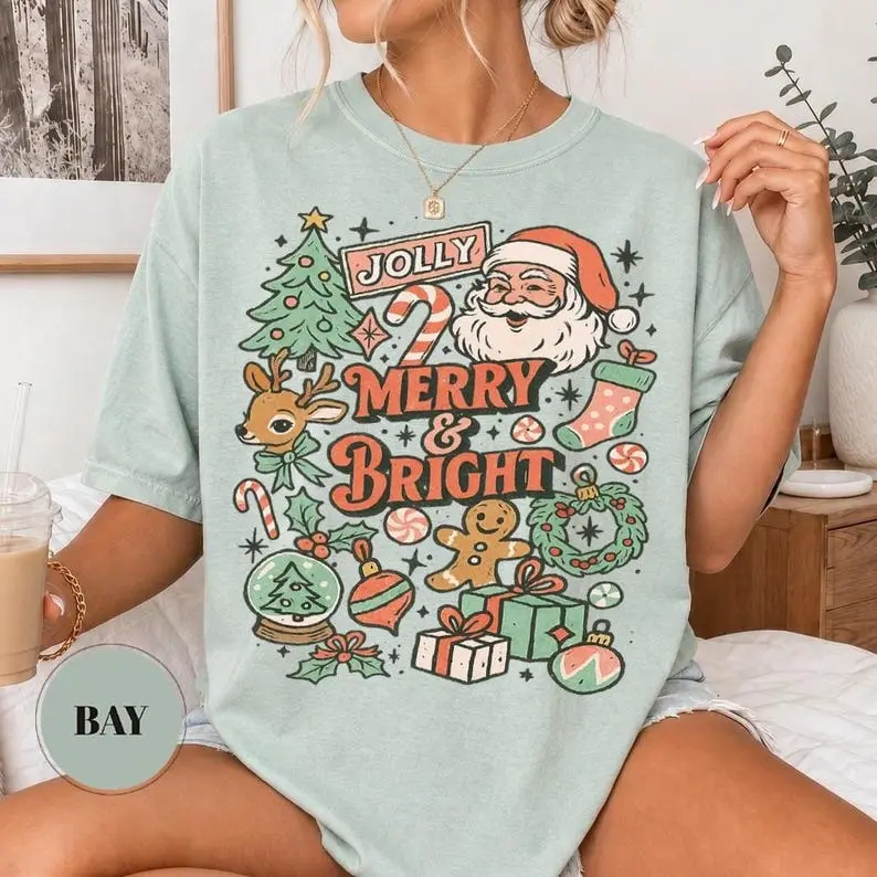 Retro Merry & Bright Christmas T-Shirt, Vintage Santa Comfort Colors Tee, Cottagecore Holiday Reindeer Tee, Gingerbread Xmas Gift for Women