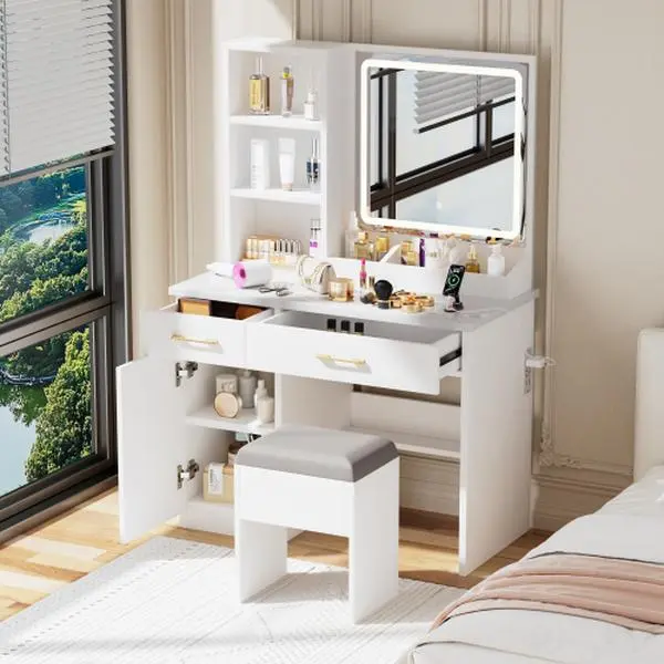 【Bellemave】Makeup Vanity Desk with Mirror and Lights, White Vanity Table with Power Outlet and 3 Lighting Modes, Dressing Table Set with Cabinet Drawers Shelves and Storage Stool for Bedroom
