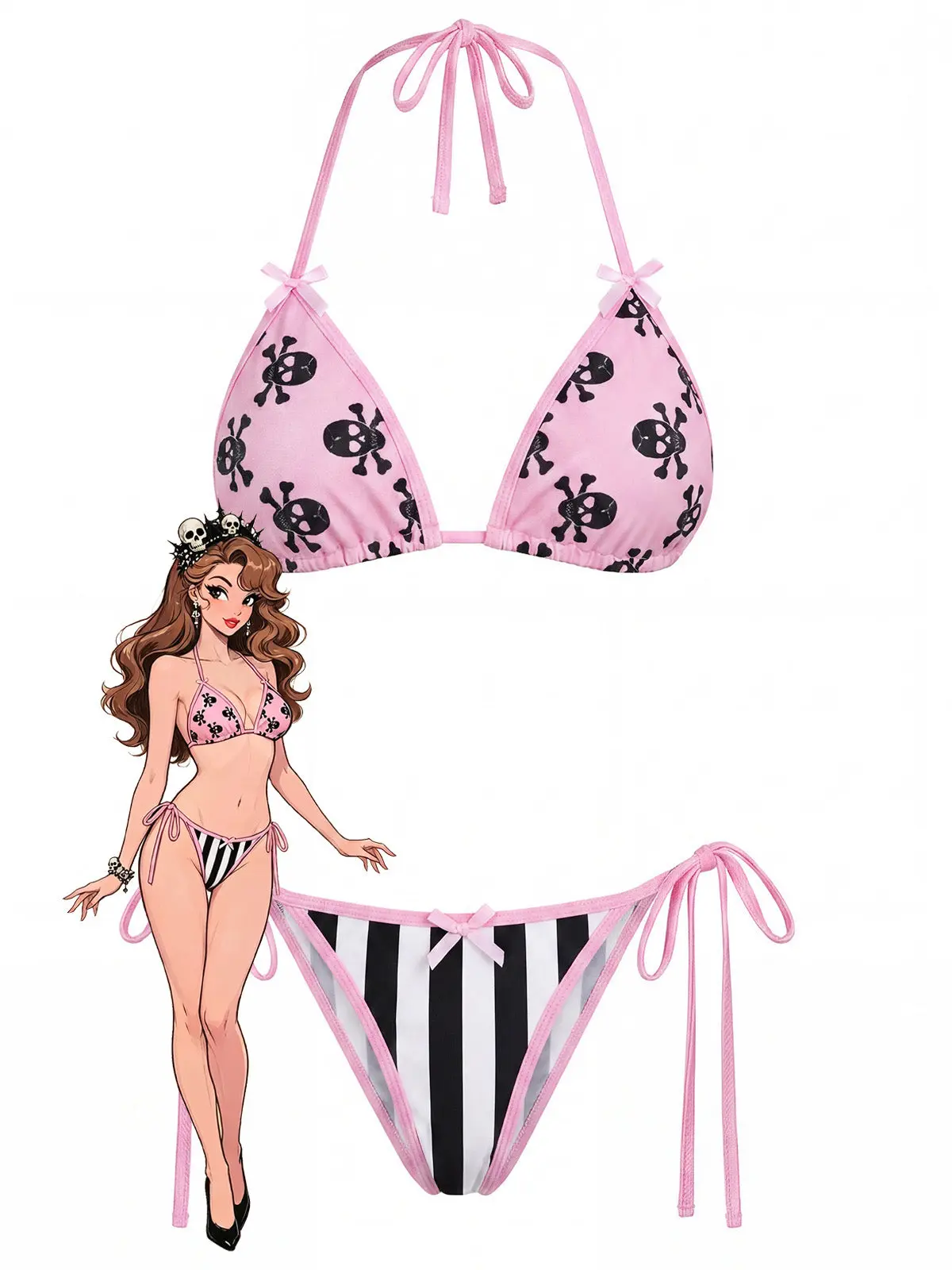Pink 1980s Gothic Skull Printed Striped Bikini Set Pink 1980s Gothic Skull Printed Striped Bikini Set