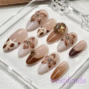 Vosplends 10PCS handmade Press on nail，crocus 3D flower acrylic nails 2026，25mm short almond nails，reusable nails