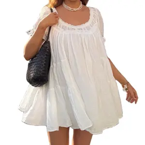 Puff Sleeve Babydoll Mini Dress | Flowy A-Line Summer Sundress with Bow Tie Detail