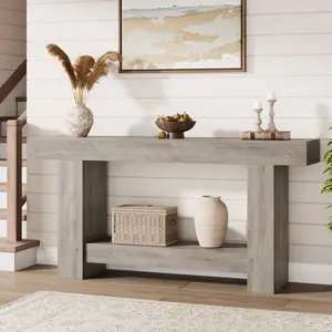 Garvee Entryway Console Table, Farmhouse 2-Tier Entryway Table, Long Sofa Accent Table Behind Couch Table with Open Storage for Entrance, Living Room, Hallway, Grey, 63"