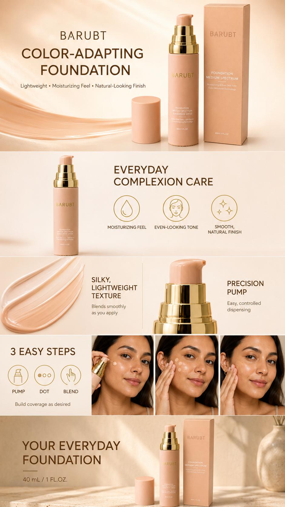 Color Changing Foundation for Women, Adaptive Tone Foundation Makeup, Lightweight Natural Dewy Finish, Buildable Coverage Liquid Foundation for Daily Beauty Routine