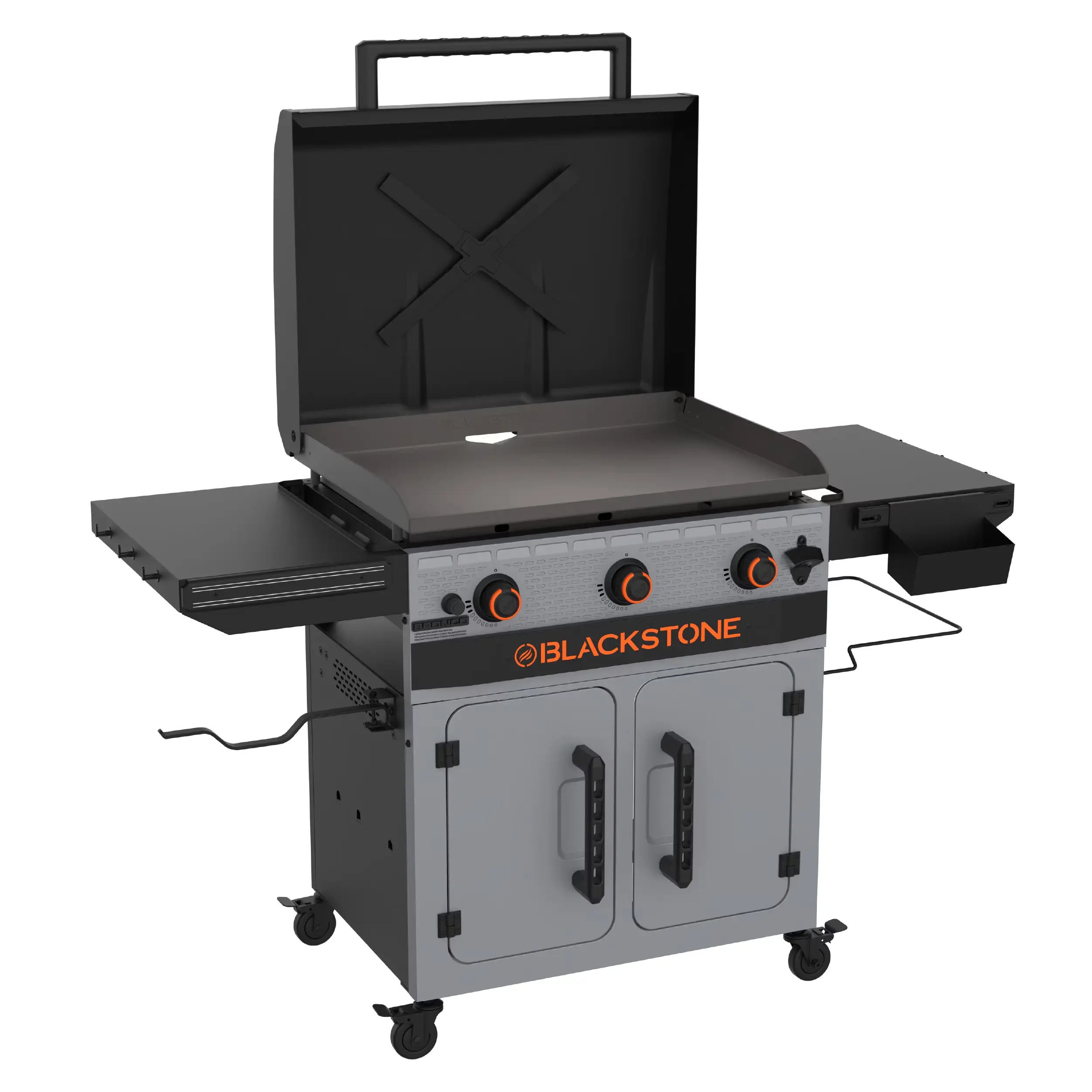 Bronco outdoor grill, XL 28-inch, 3 burners, flat top, with storage cabinet, grey.