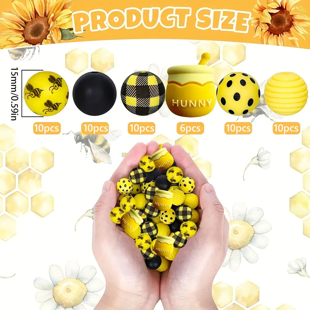 56 adorable bee-themed silicone beads, 15mm round beads, yellow checkered silicone loose beads, with bee-patterned spaced beads. Suitable for DIY handicrafts, necklaces, bracelets, small accessories, keychains.