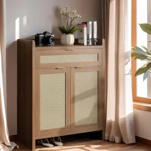Modern Rattan Shoe Cabinet, 32" Boho Shoe Rack Organizers with Storage Drawer&Doors, Wooden Accent Console Table with Adjustable Shelf, Shoe Cabinets for Hallway/Entryway/Living Room