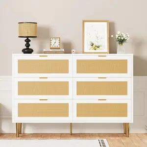 Garvee Rattan 6-Drawer Dresser with Modern Gold or Metal Legs and Handles, Spacious Tabletop, Anti-Tipping Design, and Large Storage Capacity for Bedroom, Living Room, or Hallway