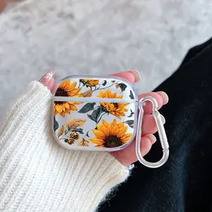 Sunflower Symphony Pattern TPU Soft Protective Case for Apple AirPods 4/3/2/1/Pro/Pro2 Transparent Earphone Cover with Keychain Attachment