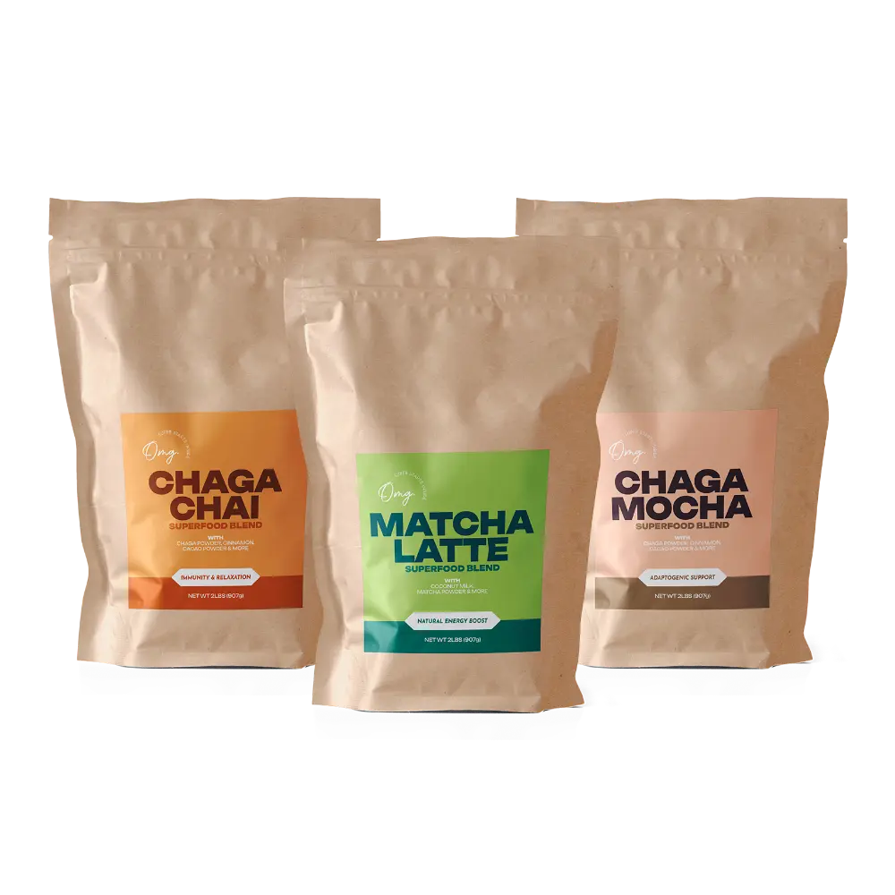 Foodservice Trio: Organic Chaga Chai (Tea) 2lb, Organic Chaga Mocha 2lb, & Organic Matcha Latte 2lb - Dietary Powder Beverage for Healthcare & Wellness