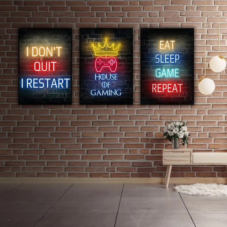 Set of 3 Neon Gaming Poster, Game Room Decor, Boys Teen Room, Gamer Gift, Video Game Posters, Gaming Posters
