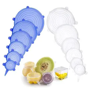 Reusable Silicone Container Lid Covers for Leftover Food Fruit Bowls Pots Cups Jars Dishes 6PCS Blue & Clear Set