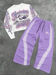 Women's Casual Fashion Set, Angel Print Top & Striped Pants, Loose Fit, Soft, All Seasons Wear, Comfortable Street Style, Chic Fall Outfit, Activewear