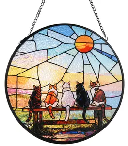 Ivydale Stained Glass Window Hanging, Cat and Sunset Circular Sun Catcher Ornament with Chain & Suction Cup, Suncatcher for Garden Door Home Decor, Birthday Gifts for Women Men Mom 7.8 in