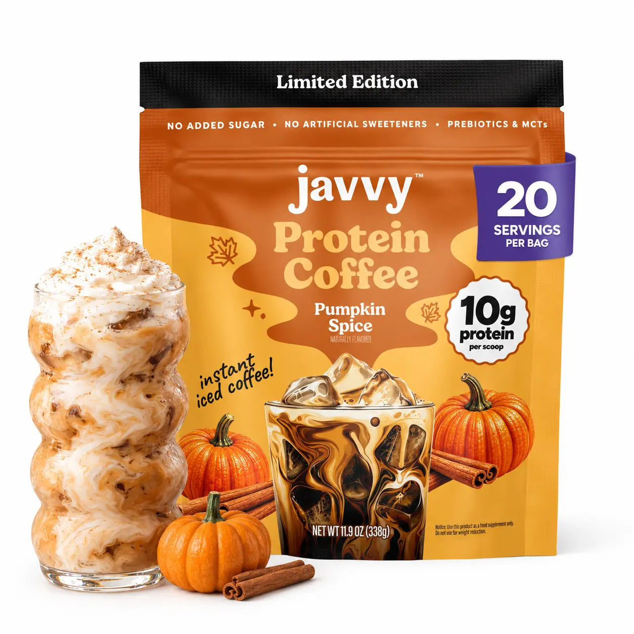 Javvy Limited Edition Pumpkin Spice Protein Iced Coffee - Premium Whey Protein & Instant Iced Coffees - 100% Natural Cold Brew - Zero Artificial Flavors & Sweeteners, 80 mg Caffeine, No Added Sugar, 20 Servings Beverage, Zero Sugar