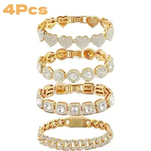 Create Your Own Stack: 4-Piece Bracelet Set for Women, Mix & Match Clustered Tennis, Heart, Cuban & Link Bracelets for Layered Looks