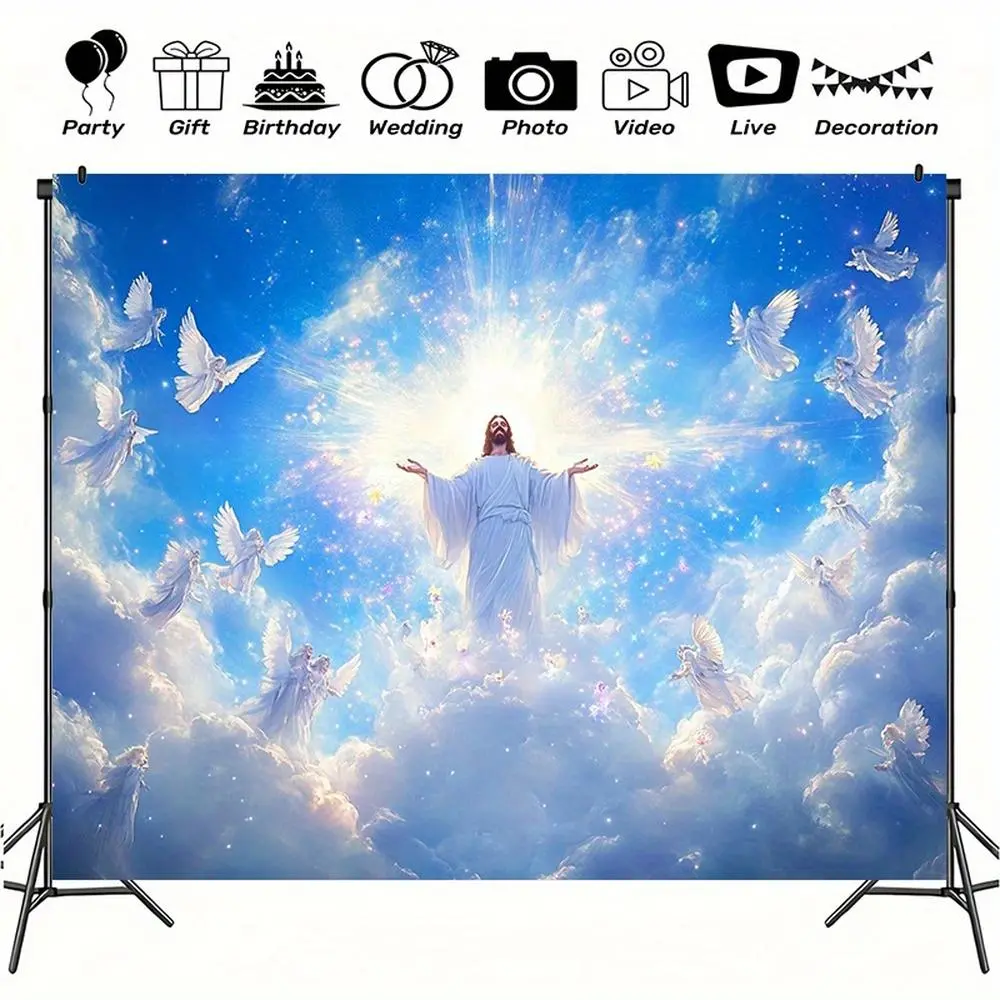 1pc Printed Glam Durable 2D Flat Polyester Jesus & Angels Floor-Mounted Backdrop Banner - Soft Fabric Indoor No-Electricity Decorative Sign for Weddings, All-White Celebrations, Wedding, Floor Mounting