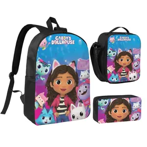 Ultra Light Gabby dollhouse School Daypack 3pcs Stylish Spanish Players Backpack Set with Insulated Lunch Bag & Pencil Pouch Hot Trend Gabby's dollhouse Backpack   Back to School Gifts