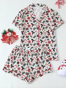 【Christmas】Women's Pajama Set, Sweet Tree Pattern Lapel Short Sleeve Top & Bow Shorts, Casual Summer Homewear, Best New Year Gift, Loungewear