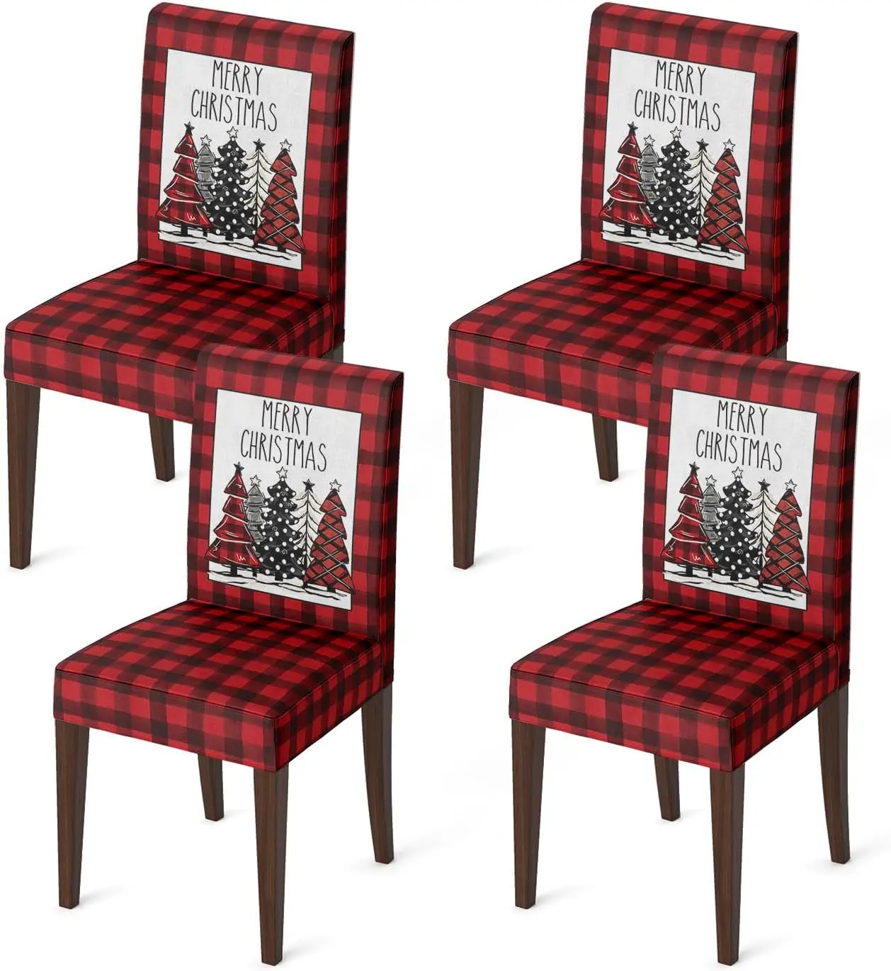 4 count Christmas Dining Chair Covers,Red Buffalo Plaid Trees Stretch Removable Washable Slipcover Chair Protector for Dining Room  Decor