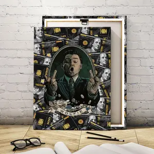 Wolfie & Money Pattern Wooden Framed Canvas, 1 Count Modern Art Decoration, Abstract Face Design, Abstract Pattern Print, Living Room Bedroom Decoration, Hallway Office Mural, Home Poster, Wall Art Decor, Decorative Artwork