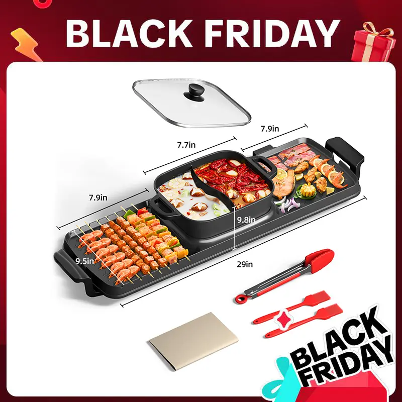 2 in 1 BBQ  Indoor Grill and hot pot,Nonstick Surface, Asador de Carne Portable Barbecue