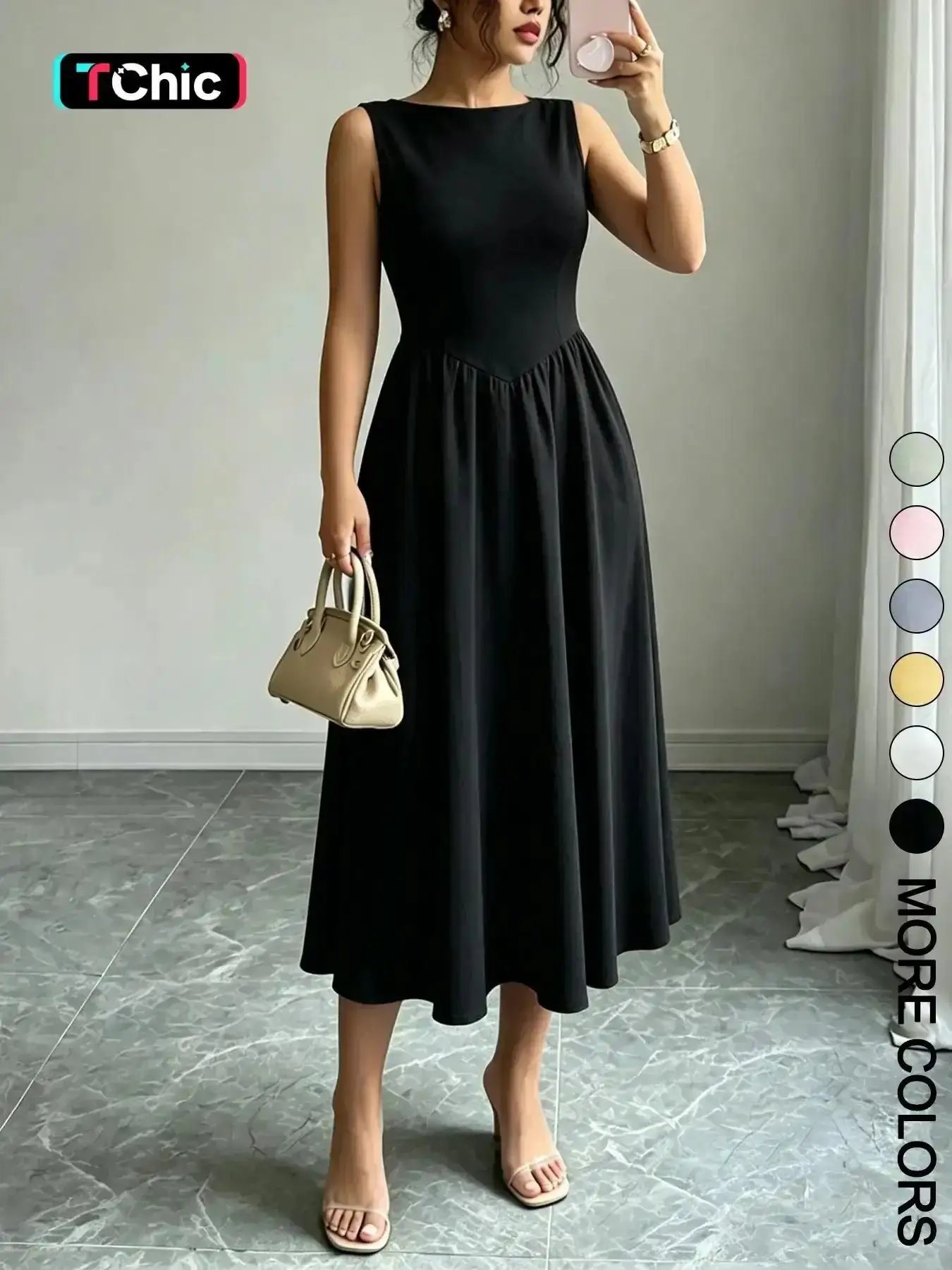 Women's Minimalist Casual Solid Plain Round Neck Sleeveless Dress with Pockets, Slim-Fitting Fashionable Everyday Wear, Comfortable and Stylish