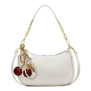 Minimalist Woven Underarm Bag with Cherry Decoration, Solid Color Crossbody Bag for Women Women's Vintage Fashion Crossbody Bag, Chain Handbag with Pendant, Simple PU Leather Shoulder Bag, Adjustable Strap, Casual Daily Use, Lightweight Crossbody Bag