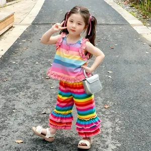 Baby Girls Long Flared Pants, Rainbow Stripe/Mermaid Ruffle Trousers, Elastic Waist Casual Bell-bottom