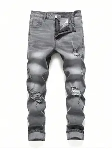 Men's Regular Fit Solid Color Ripped Jeans, Casual Comfy Denim Pants for Daily Wear, Fashion Men's Bottoms for All Seasons