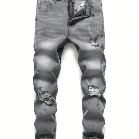 Men's Regular Fit Solid Color Ripped Jeans, Casual Comfy Denim Pants for Daily Wear, Fashion Men's Bottoms for All Seasons