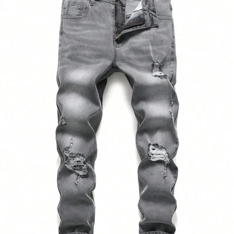 Men's Regular Fit Solid Color Ripped Jeans, Casual Comfy Denim Pants for Daily Wear, Fashion Men's Bottoms for All Seasons