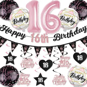 Sweet 16 Birthday Decorations Set, & Glitter Banner, 16 Number Balloons, Hanging Swirls, Pennant Bunting, Party Supplies