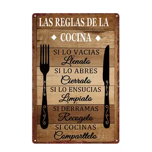 Spanish Kitchen Rules Aluminum Wall Art 12x8 Inches Rustic Decor Waterproof Durable for Bilingual Homes Classic Design