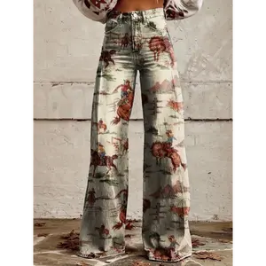 [imitation denim]Western Cowboy Print in Light Colors from Europe And America, Restoring The Wild Style of West,  Whether at Home Or Outdoors. casual pant summer spring clothes woman Casual Cargo Pants with Frayed Hem pocket trouser Bottoms Womenswear