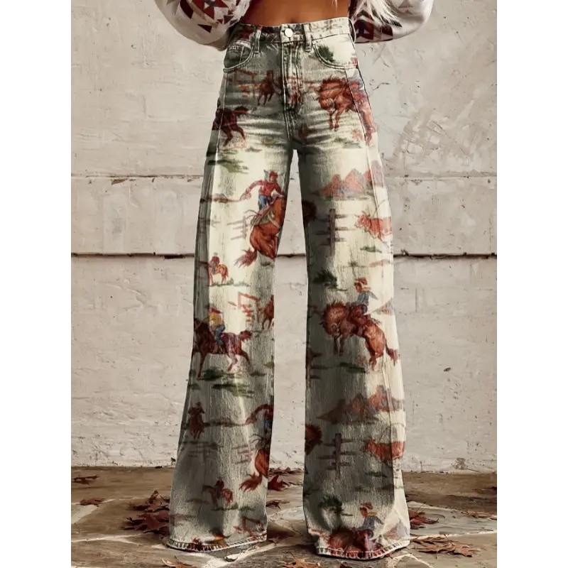[imitation denim]Western Cowboy Print in Light Colors from Europe And America, Restoring The Wild Style of West,  Whether at Home Or Outdoors. casual pant summer spring clothes woman Casual Cargo Pants with Frayed Hem pocket trouser Bottoms Womenswear