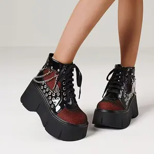 Women's Platform Goth Boots with Chain Retro Punk Style Fashionable Slip-On Ankle Booties Fashion Statement Punk Chunky High Heel Black Red for Music Festivals Halloween Parties Alt girl fall winter Spring