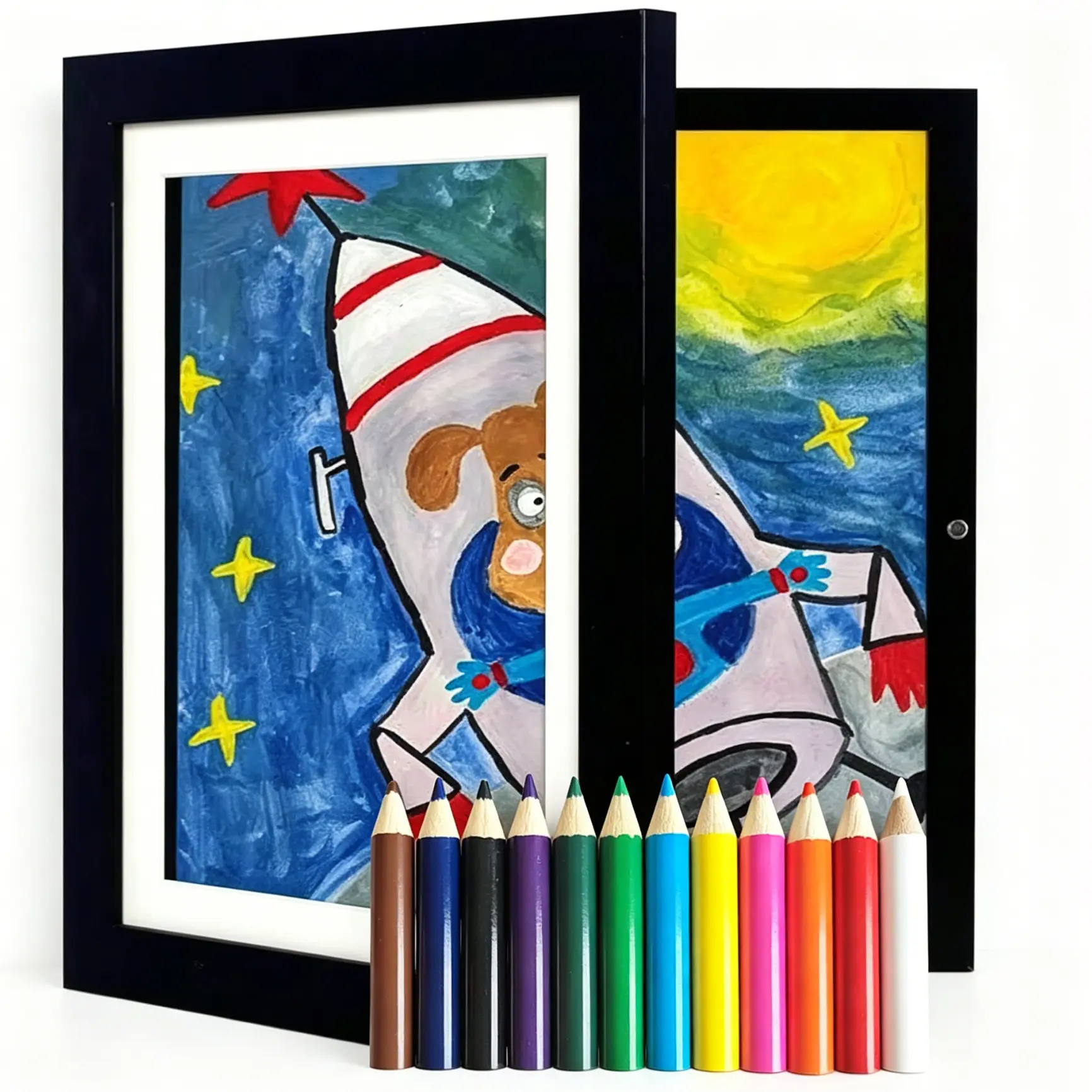 8x11 Inch Magnetic Kids Art Frame | 1/2/4 Pack Options, Holds 100 Artworks, Includes 12 Colored Pencils, Display Drawings & Photos for Home Holiday Decor