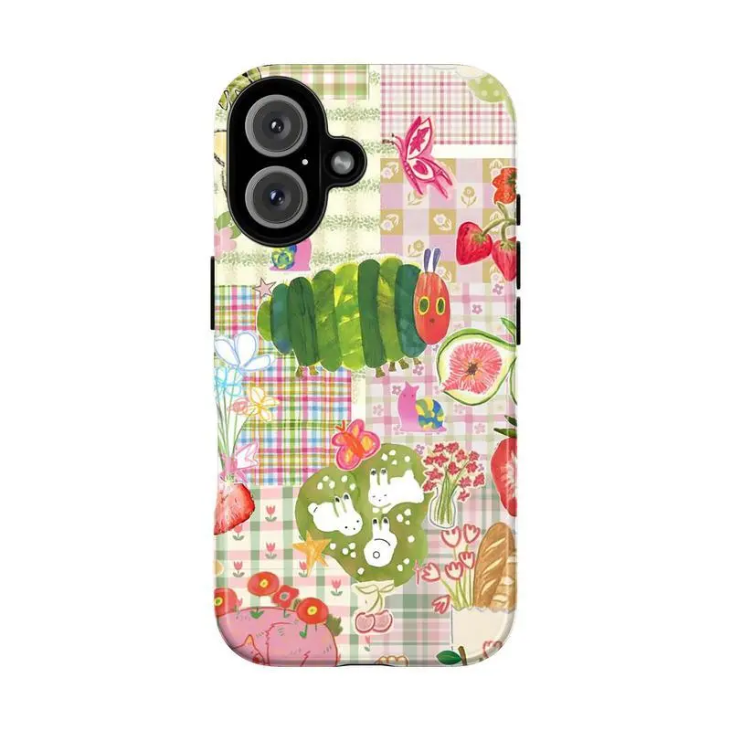 Cute Caterpillar and Fruit Collage Phone Case – Pastel Plaid Background with Strawberries, Flowers, Bread, and Whimsical Animals – Colorful Vintage Aesthetic – Fits iPhone 7 to 17 Pro Max.