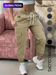 Women's Plain Drawstring-Waist Fit Cargo Pants, Casual Comfy Pocket Trousers for Daily Wear, Ladies Bottoms for All Seasons