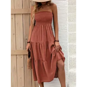 Solid Color Shirred Tube Dress - Elegant Ruffle Hem Backless Layered Tube Dress - Polyester - For Spring & Summer - Women's Clothing - Perfect for Weddings, Graduations, Engagements, and Parties Fabric Womenswear